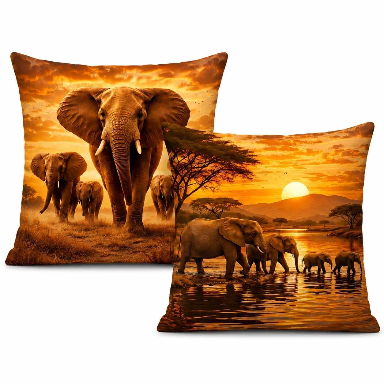 Gemdoit Elephant Cushion Covers 45x45cm Set Of 2, African Sunset Safari Throw Pillow Cases, Decorative Animal Cushion Covers With Hidden Zipper For Living Room Bedroom Home Decor 18x18 Inch