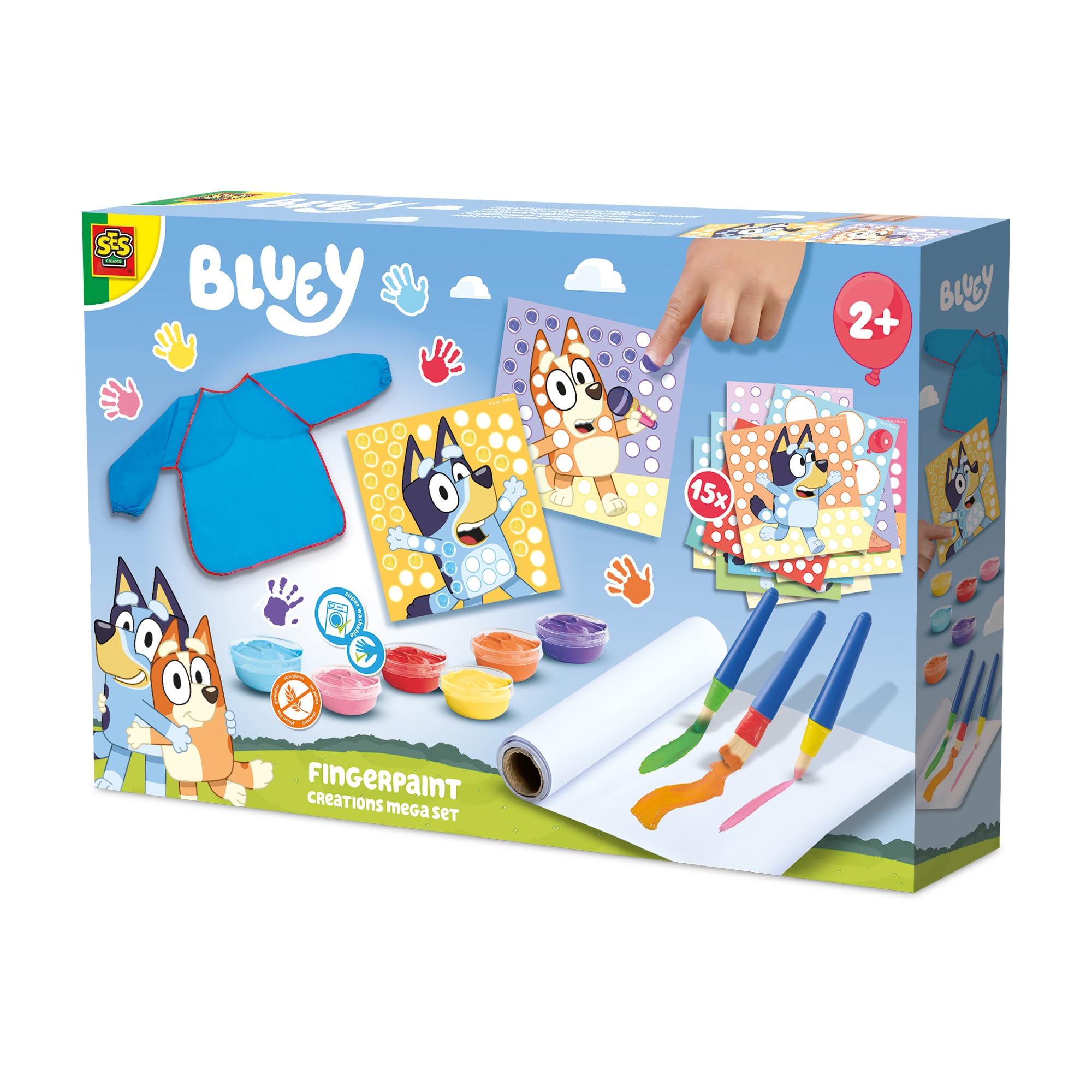 SES Creative Bluey Finger Paint Creations Mega Set – 6 Washable Colours, 15 Bluey & Bingo Cards, Brushes, Apron & 2m Paper Roll – Ages 2+