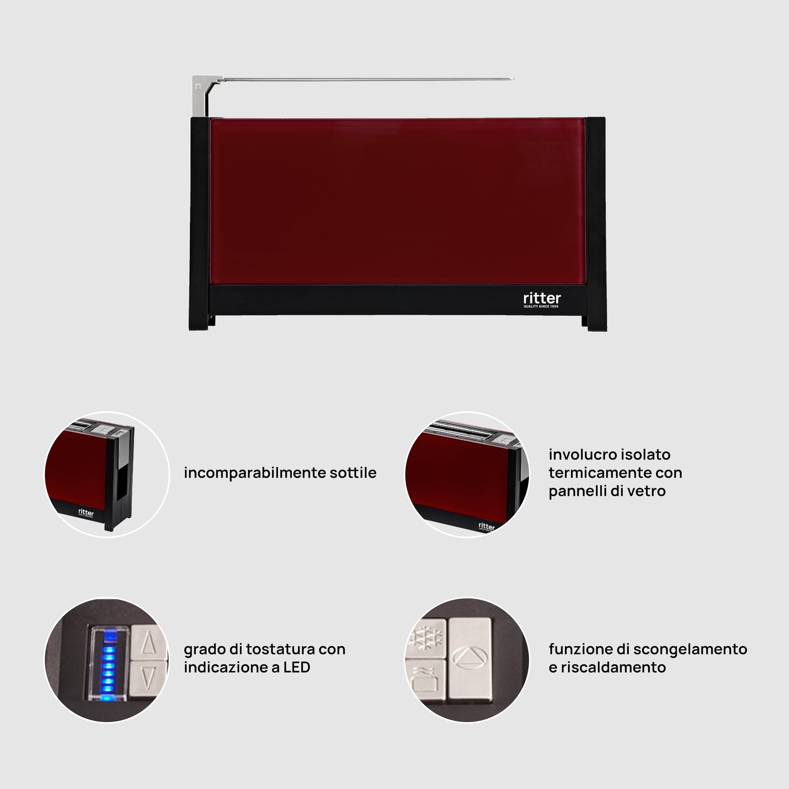ritter Tostapane Volcano 5 Rosso, 1000 W, Vetro, 2 Scomparti