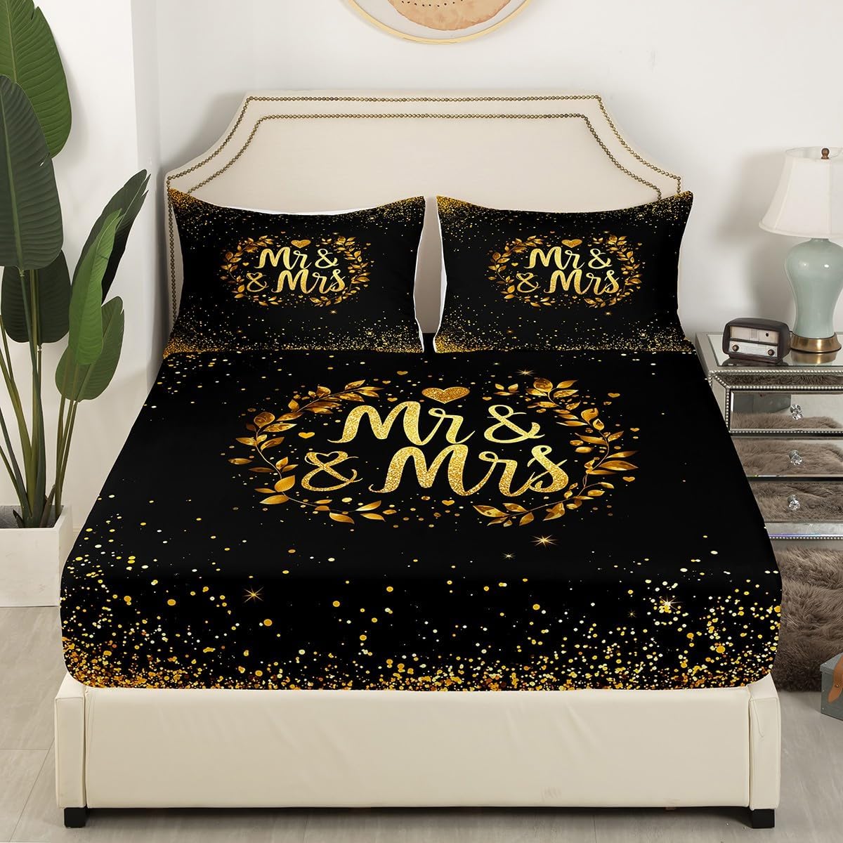 Mr and Mrs Gifts Bed Sheets Black Gold Sequins Bedding Sets Full,Glitter Golden Heart Fitted Sheet for Women Adult Man, for Couple,Wedding Gifts for Couple Bedroom Decor