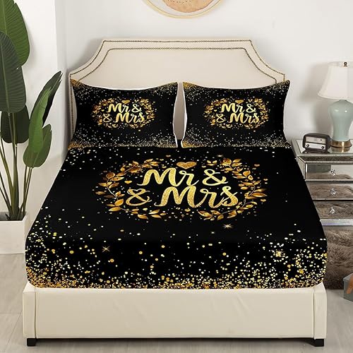 Miniatura 3 de Erosebridal Mr and Mrs Gifts - Sábana bajera ajustable con lentejuelas negras y doradas, juego de sábanas de corazón dorado con purpurina para