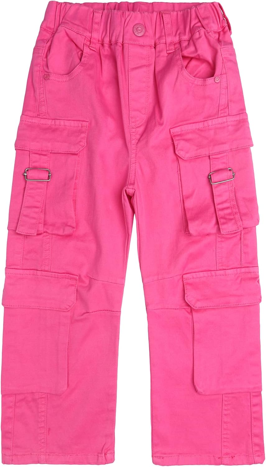 KIDSCOOL SPACE 8-Pocket Girls Wide-Leg Denim Pants, 5-14T Ribbed Elastic Waist with D-Ring Loops Cargo Jeans