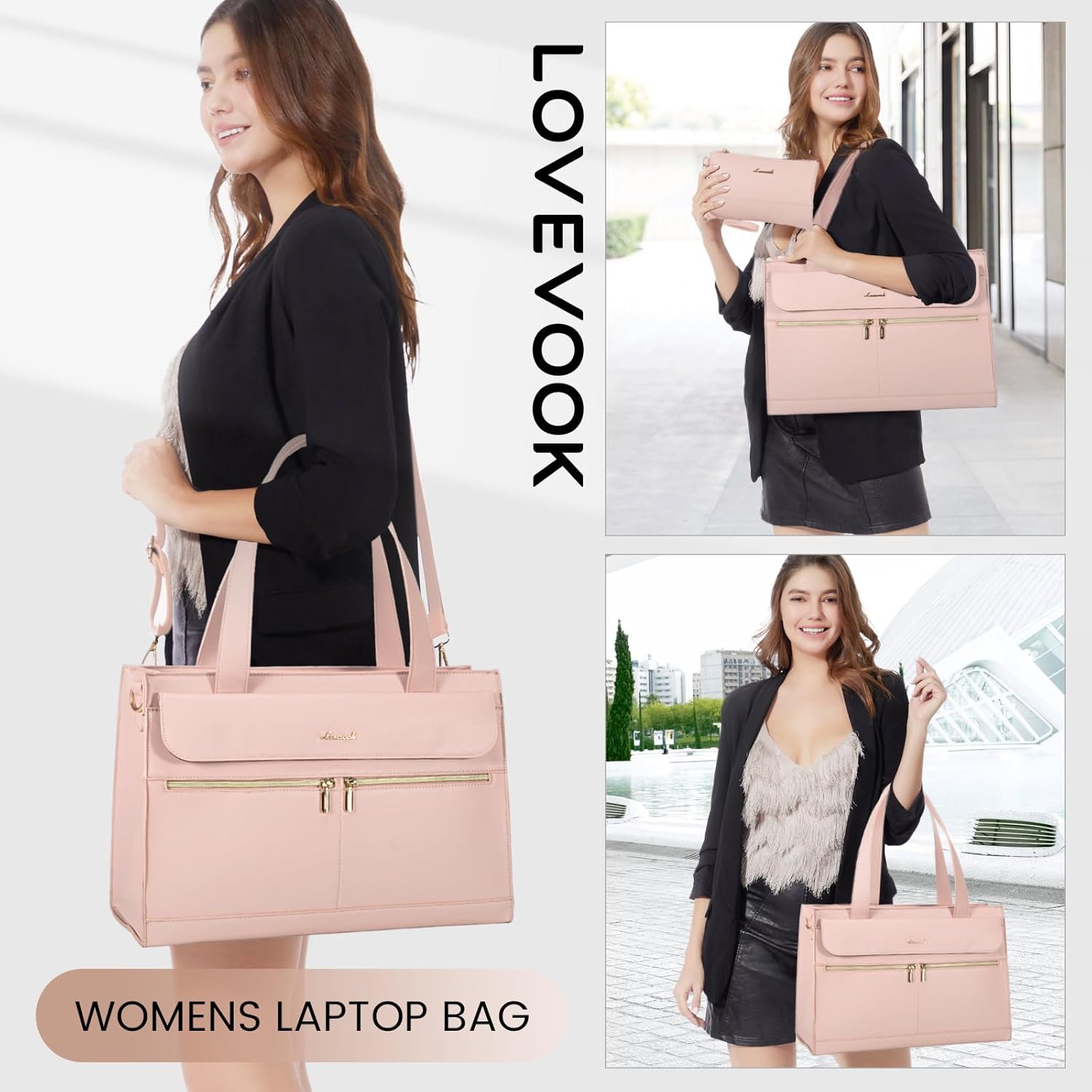 LOVEVOOK Laptop Bag for Women 15.6 Inch Laptop Tote Work Professional Leather Computer Briefcase Waterproof Handbag Shoulder Large Capacity Business Teacher Office Bag Crossbody Purse,Pink - Image 2