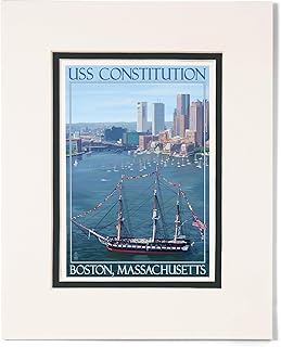 Lantern Press 8x10 Inch Matted Art Print Wall Decor, USS Constitution and Boston Skyline
