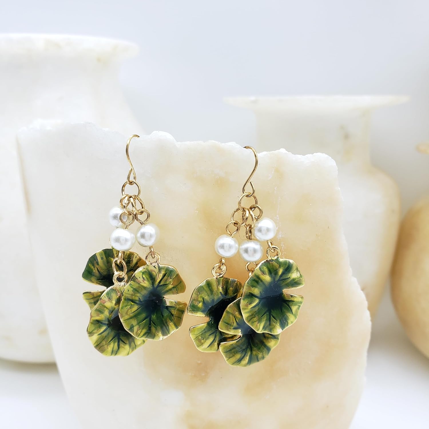Monet Lily Pad Drop Earrings with Faux Pearls - Triple Drop - Gold Plated