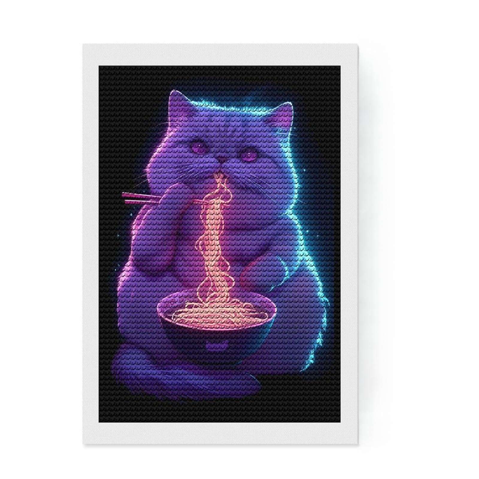 Junmoney Neon Cat Eating Ramen Diamond Art Kit 8"x12", Vintage Style Decor, Stress Relief Craft, Decor Project, Relaxing DIY, Creative Hobby