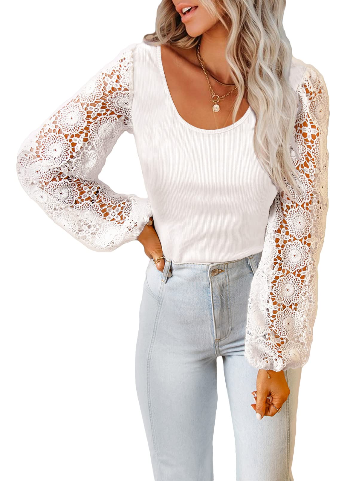 Samefar Womens Long Sleeve Scoop Neck Lace Crochet Hollow Out Shirts Casual Ribbed Knit Tops Blouses