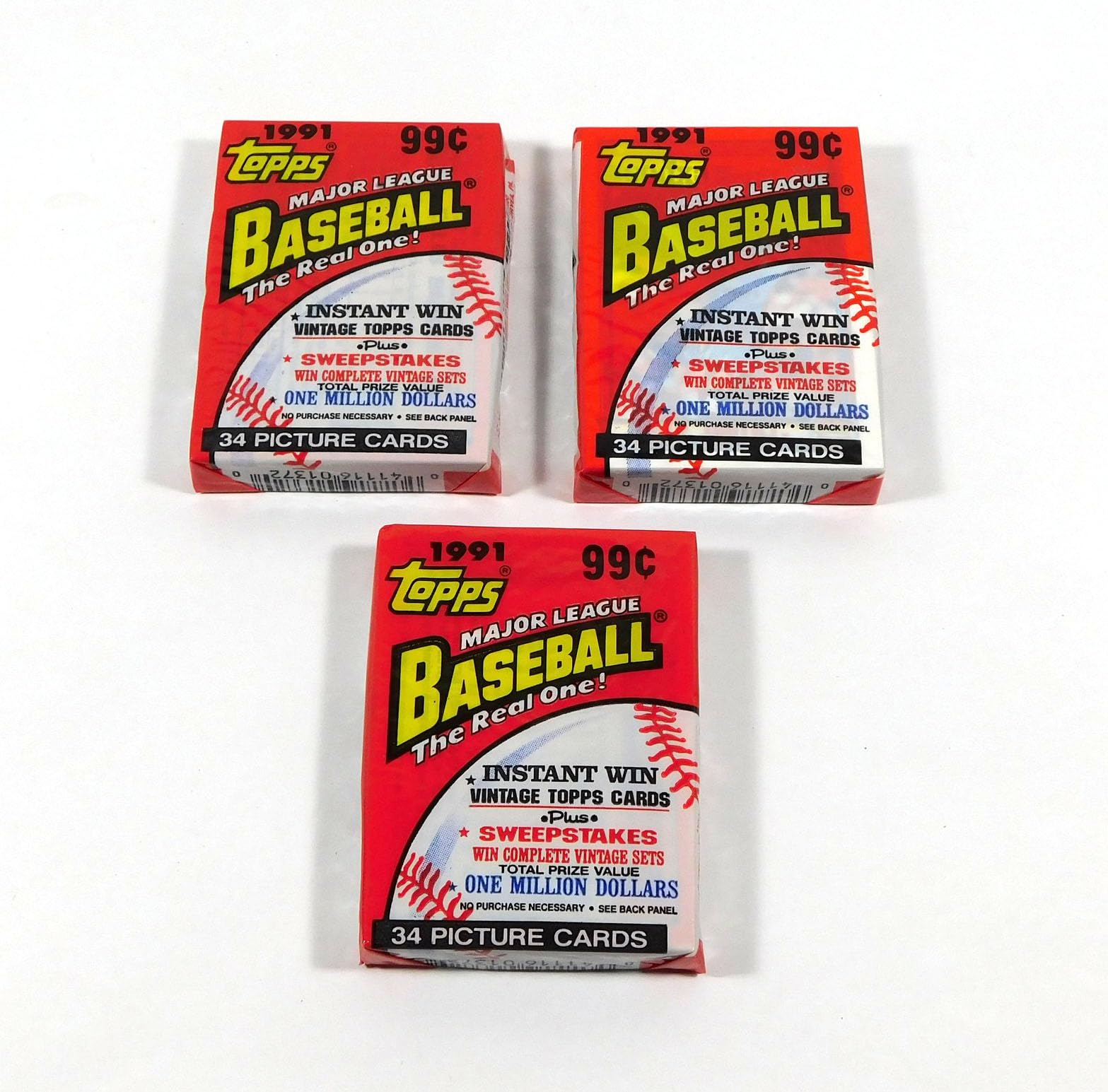 Lot of 3 1991 Topps Baseball Cello Packs (102 Cards Total) Possible Chipper Jones Rookie Card