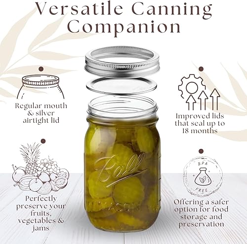 Miniatura 5 de Tarros Mason de boca regular de 16 onzas (paquete de 2) y bolsas de yute con asas, tarros de conservas con tapas, para fermentación, enlatado,