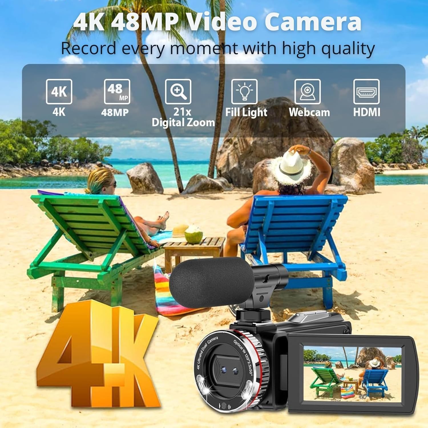 Videocamera 4K, 48 MP Camcorder con Zoom Digitale 21x, Schermo Girevole a 270° da 3" Vlogging Camera, Video Camera con Cavo HDMI, Microfono Esterno, Telecomando, Scheda da 32 GB e 2 Batterie