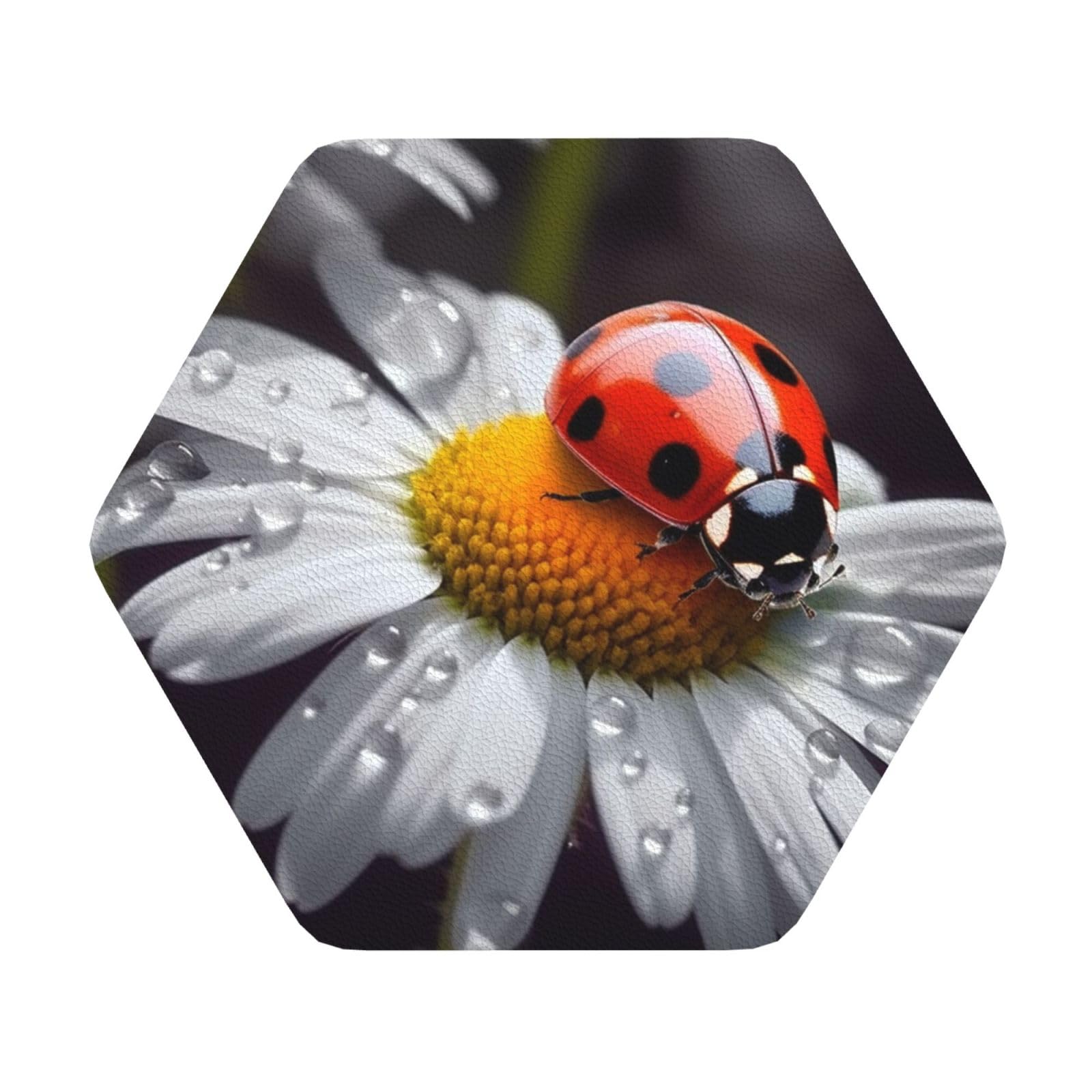 Fodpand Hexagon Ladybug On Daisy Flower Drink Coasters Set Of 4, Heat Resistant Leather Coasters Fuuny Bar Beer Beverage Coaster For Drinks, Absorbent Cup Mat For Tabletop Protection, Housewarming Gift