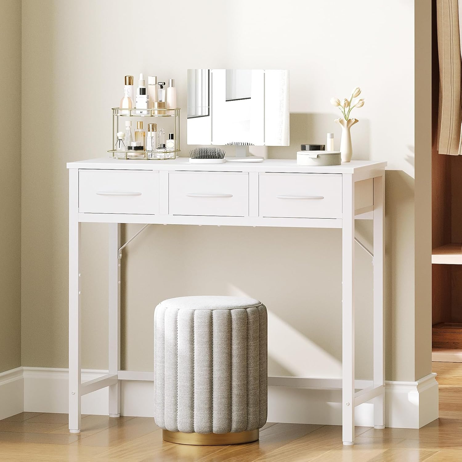 Makeup Vanity Desk with Mirror and Lights, Vanity Table with 3 Fabric Drawers Storage Desk for Bedroom, Make Up Dressing Table with Folding Mirror, for Small Spaces, White