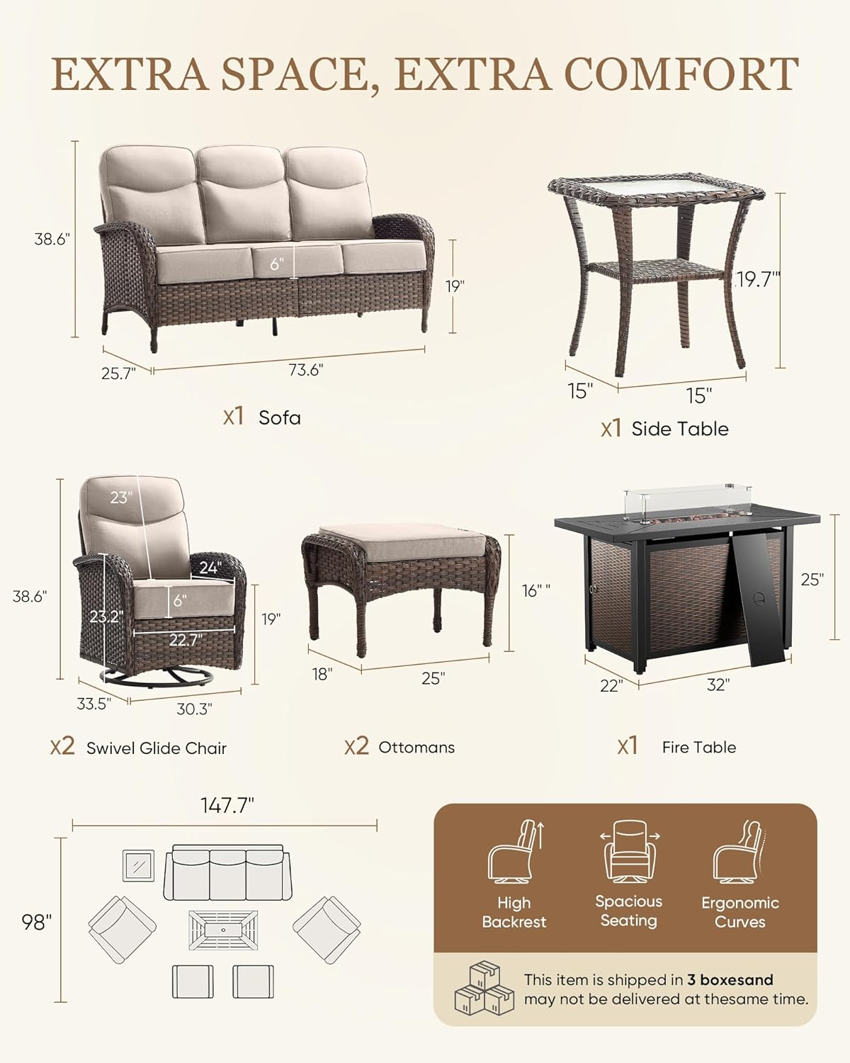 Belord Upgraded 6“ Cushion Luxury Patio Furniture Set with Fire Pit Table - 7 Piece Wicker Furniture Set with High Back Swivel Rocker Patio Chairs, Conversation Set for Deck Porch Yard - Brown/Beige