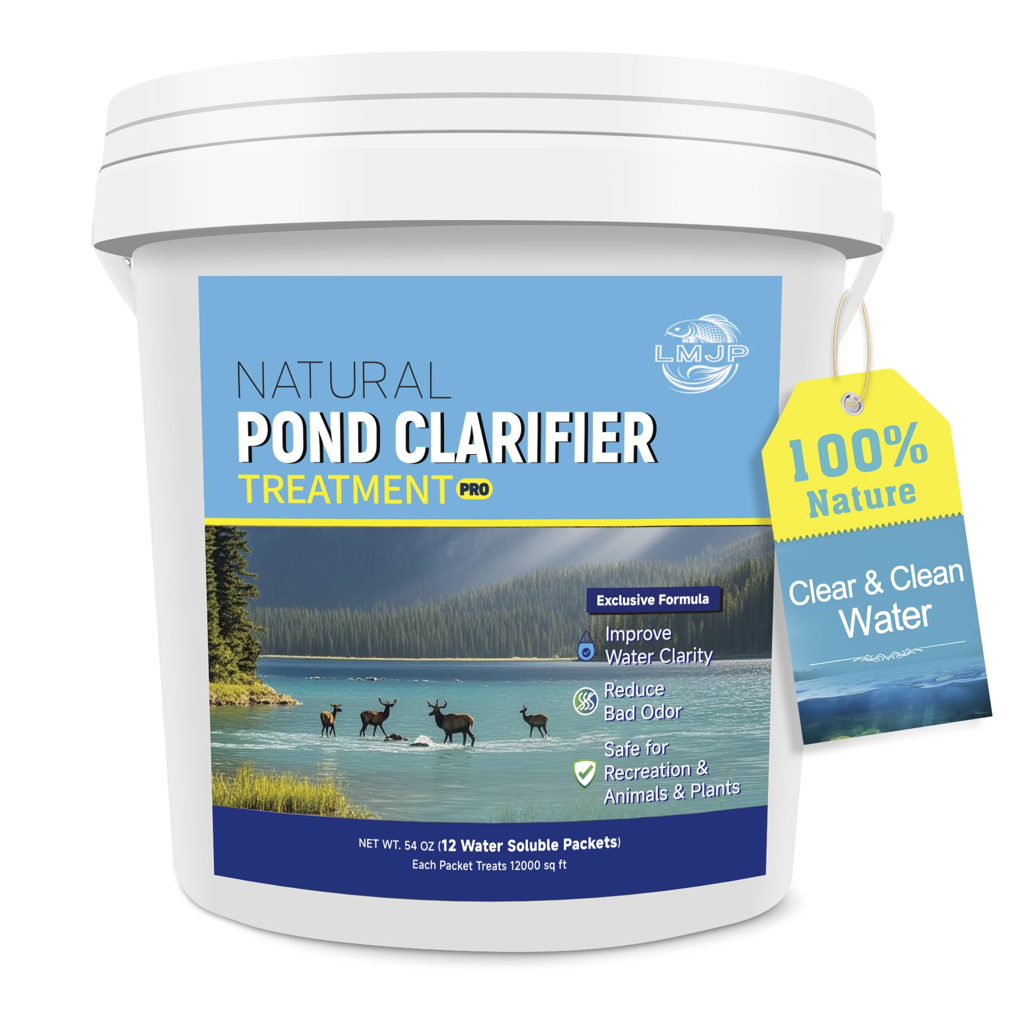 LMJP Pond Clarifier Treatment – 12 Packets Natural Pond Water Clear for Outdoor Lakes – Beneficial Enzymes to Improve Water Clarity &amp; Eliminate Odor – Treats Up to 144000 Sq Ft