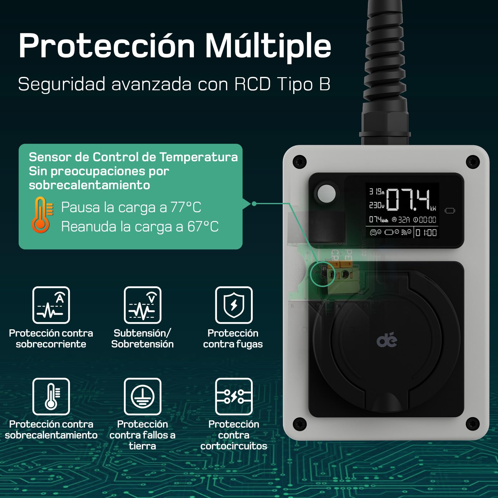 dé Wallbox 7,4 kW Monofásico [6–32A, con App y Wi-Fi], Estación de Carga EV con Enchufe CEE y Tarjeta RFID, para Model Y/3, GLC, A250 y Otros Vehículos Eléctricos y PHEV