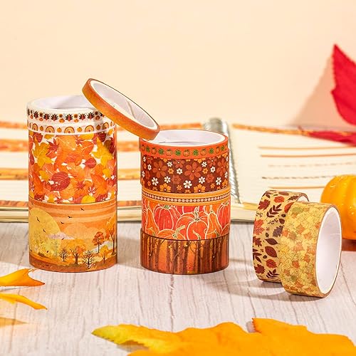 Miniatura 5 de Whaline 12 rollos de cinta washi de otoño de Acción de Gracias, calabaza de otoño, hojas de arce, cinta adhesiva de 3 tamaños, patrón de cosecha de