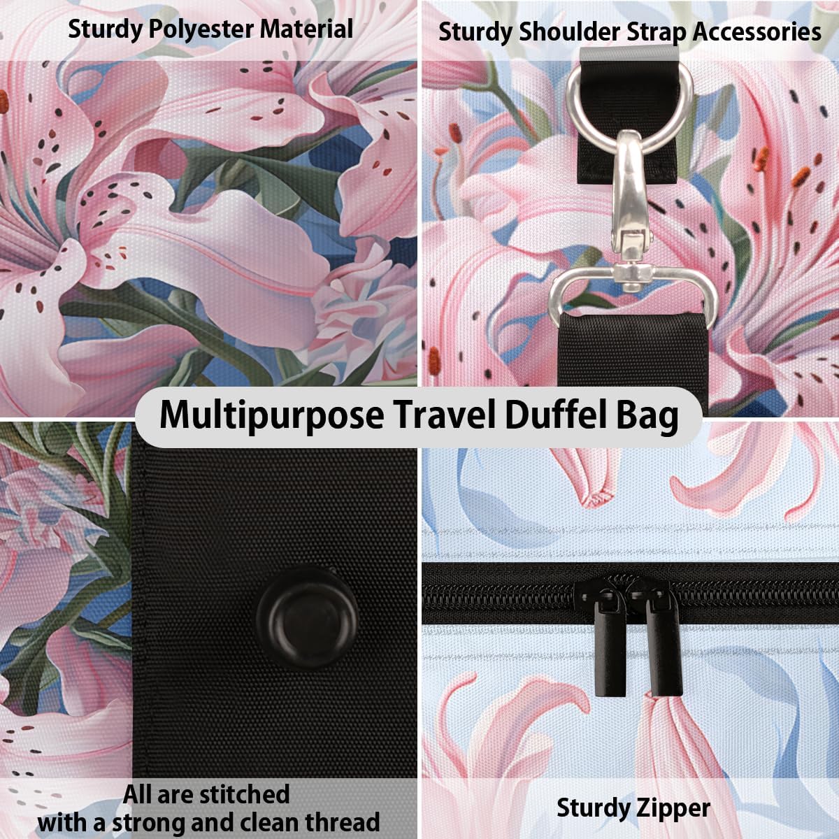 Lily Flower Butterfly Travel Duffel Bag for Women Men Large Capacity Overnight Weekender Bags for Lightweight Waterproof Sport Gym Bag for Workout Yoga Swim