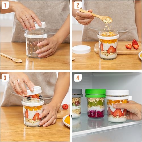 Miniatura 5 de Recipientes de avena con tapas y cucharas de 16 onzas, tarros Mason de avena de gran capacidad para la noche, tarros herméticos de vidrio con tapas