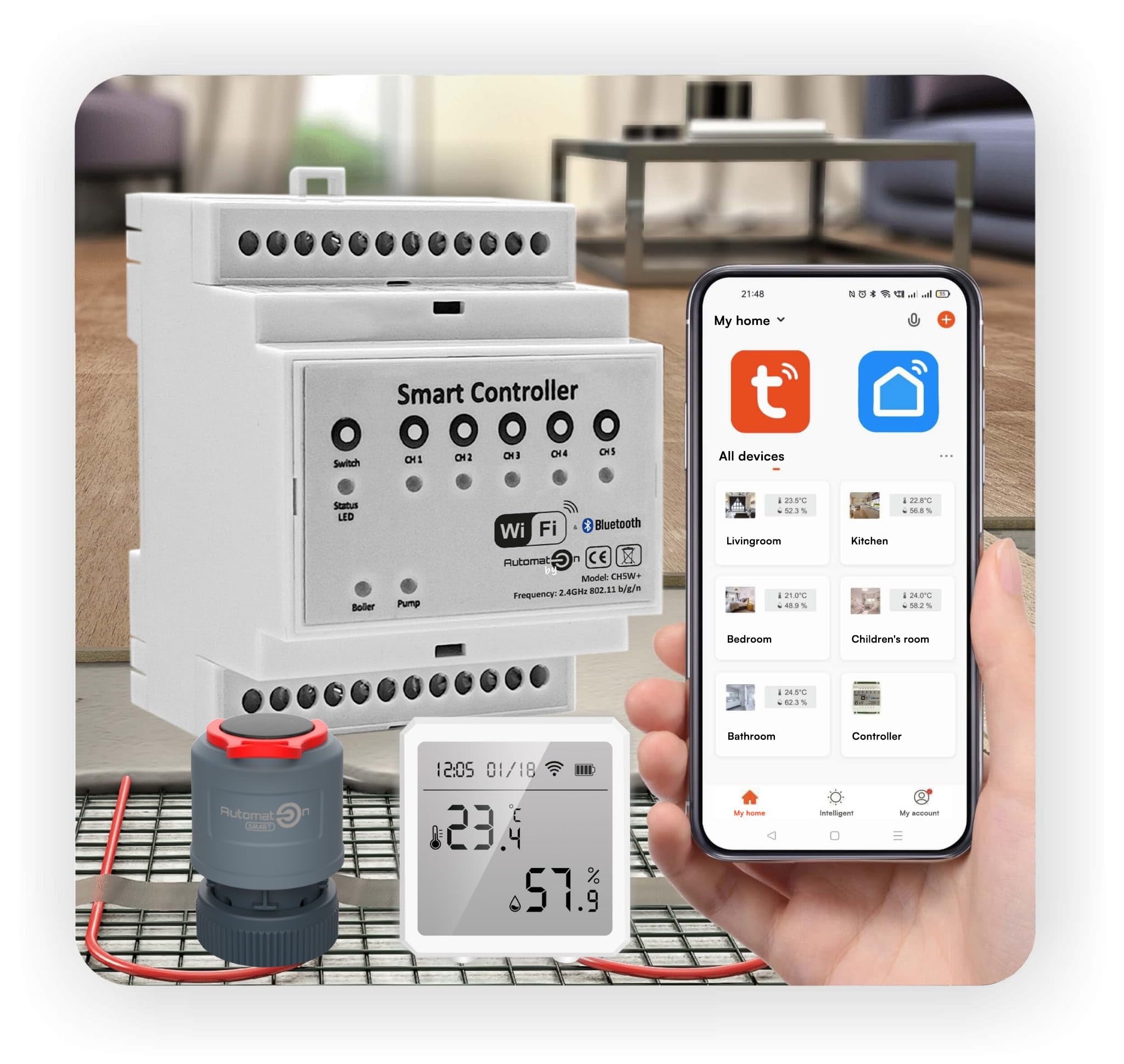 Automat-on Set für Fußbodenheizung mit 4x Temperatursensor Stellantrieb Fussbodenheizung 230V und Smart Home Controller WiFi Kompatibel mit Alexa Google Home Assistant Tuya Steuerung für 4 Räume