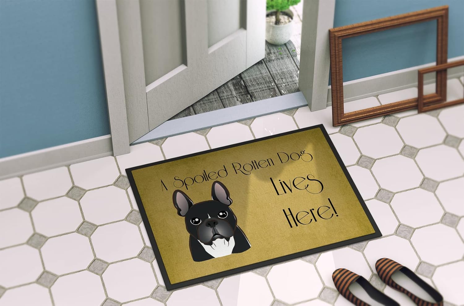 Caroline's Treasures BB1475MAT French Bulldog Spoiled Dog Lives Here Doormat 18x27 Front Door Mat Indoor Outdoor Rugs for Entryway, Non Slip Washable Low Pile, 18H X 27W