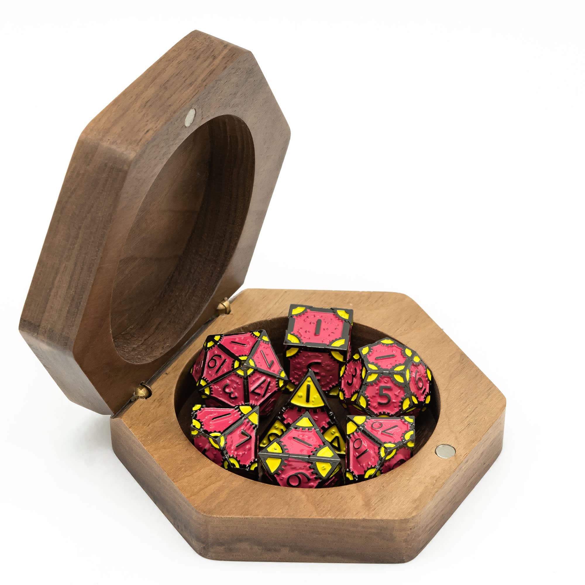 UDIXI DND-Würfelset aus Holz mit magnetischem Deckel zur Aufbewahrung, Walnuss-Würfelbox für polygonale D&D-Würfel (sechseckig, Drachenmuster)