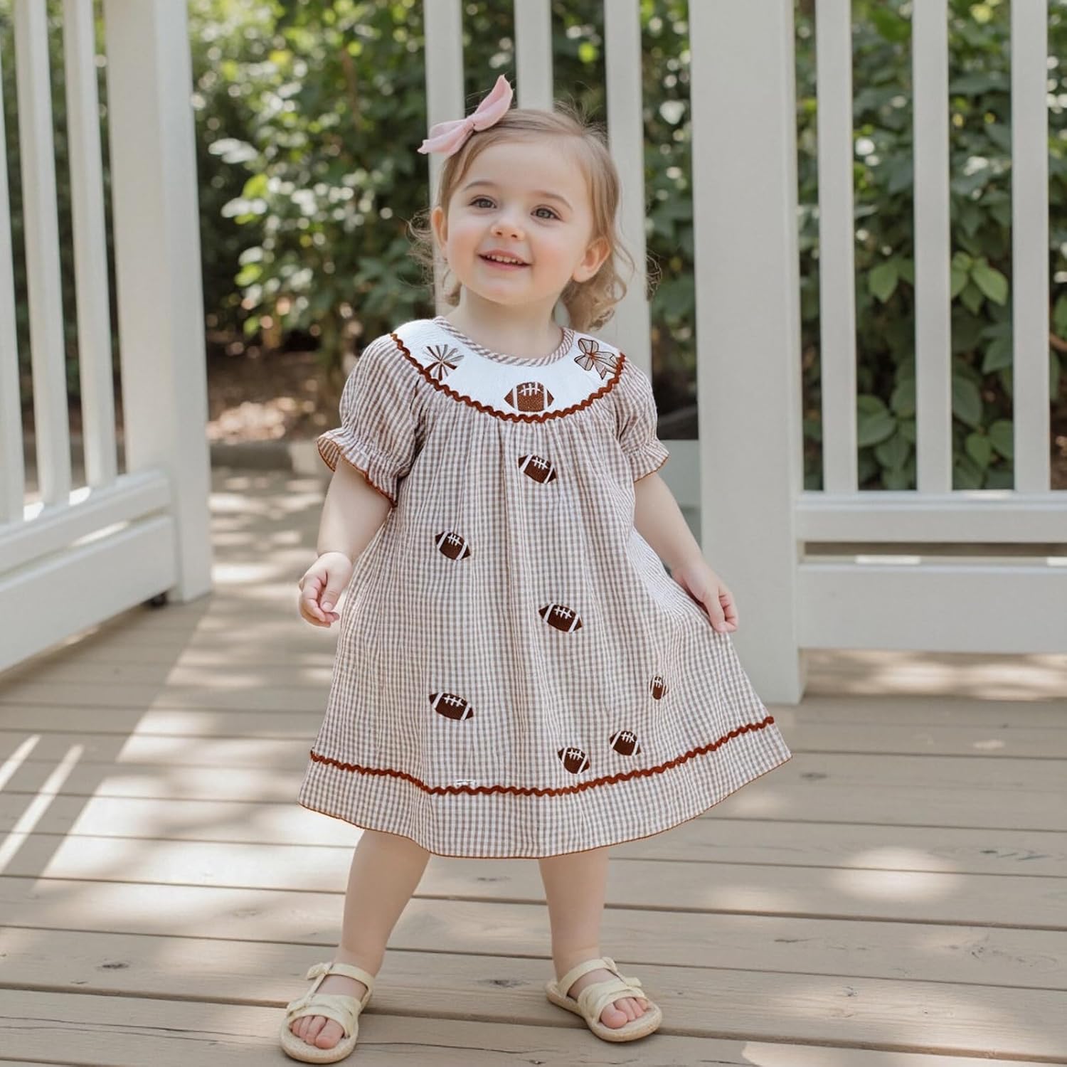 Toddler Baby Girl Football Outfit Smocked Dress Rugby Romper Long Sleeve Plaid Fall Kids Girls Football Dresses - Image 3