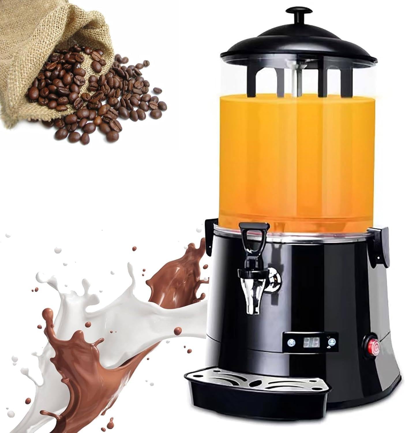 Distributeur de chocolat chaud commercial, température réglable de 0 à 90 ℃, capacité de 10 L, idéal pour chauffer le chocolat, le café, le lait, le thé et le jus