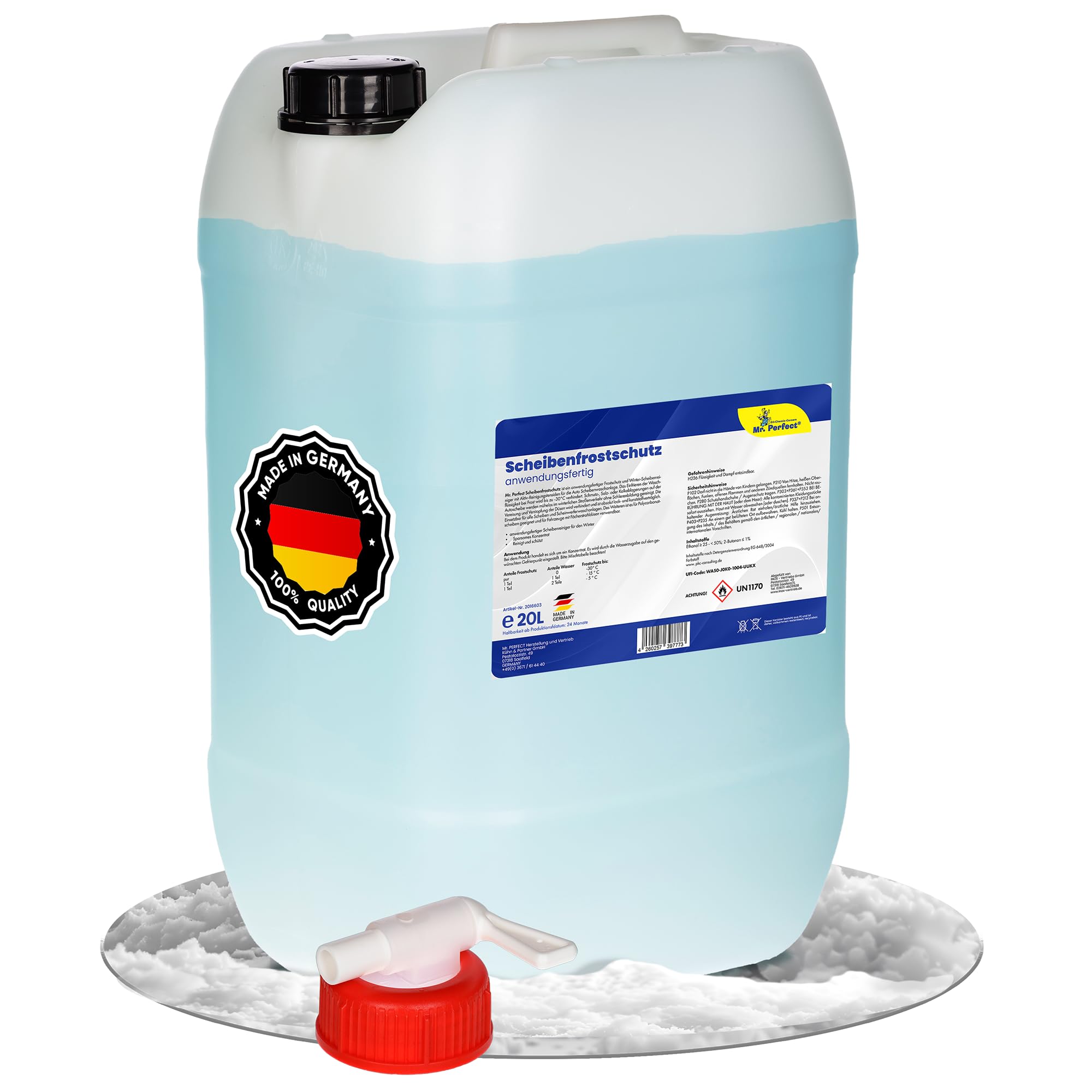 Mr. Perfect Scheibenfrostschutz 20L – Hocheffektiver Scheibenwasser Frostschutz bis -30°C - Sofort einsatzbereit - Absolut schlierenfreie Reinigung – Angenehmer Citrusduft geliefert in 4x5L