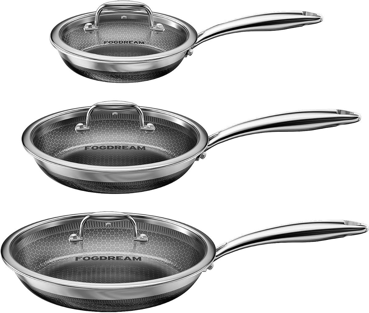 FogDream 8, 10, 12 Inch Stainless Steel Frying Pan Set with Lid, Honeycomb Hybrid Nonstick Skillet for Induction & All Cooktops, PFAS/PFOA/PTFE Free, Oven Safe 500°F, Silver