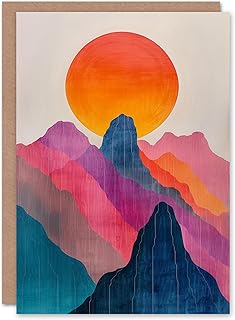 Artery8 Birthday Card Colourful Abstract Boho Alps Mountain Range Sunset Blank Arty Art All Occasion Greeting Card