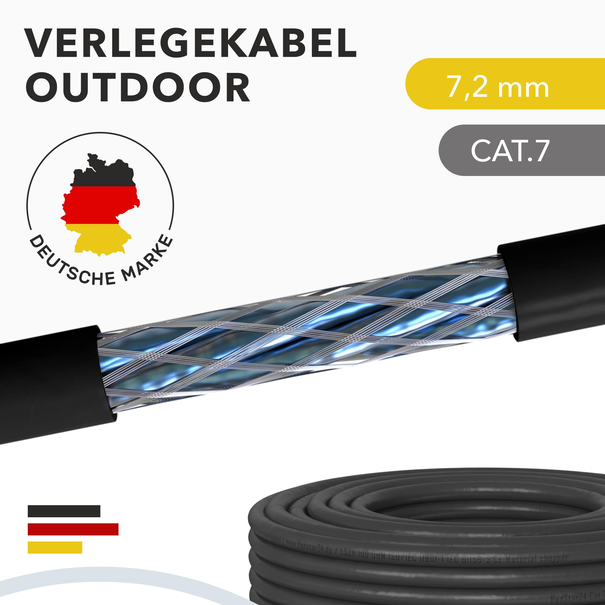 RedStar24 100m Cat7 Erdkabel Verlegekabel Outdoor Lan Kabel Installationskabel Schwarz AWG23/1 CAT 7 S/FTP Ethernet Netzwerk 1000MHz geschirmtes Datenkabel Netzwerkkabel für Außenbereich UV-beständig