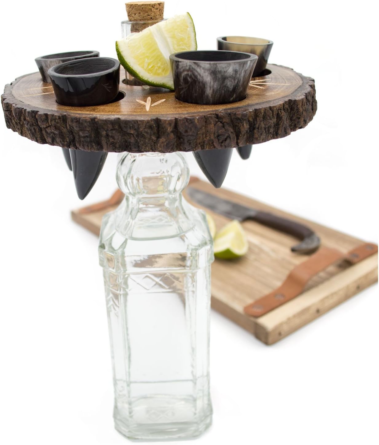 Norse Tradesman Genuine Drinking Horn Shot Glass Set (5) w/Rustic Wood Display Stand (Live Edge) | Engraved with Norse Runes | Packaged in Burlap Gift Sack - Image 8