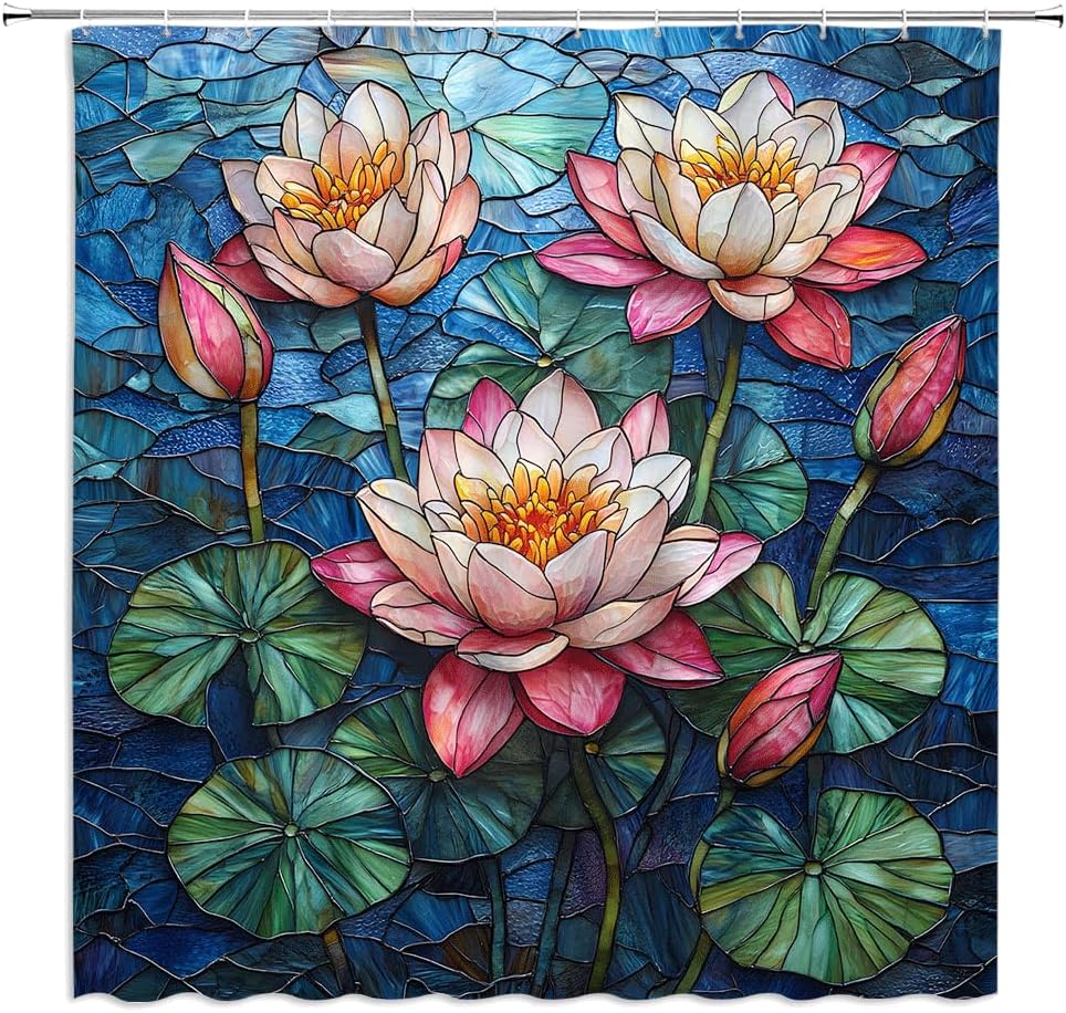 Lotus Floral Shower Curtain Stained Glass Tropical Water Lily Flower Green Leaves Abstract Garden Blooming Asian Fabric Bathroom Decor Curtains with Hooks,70 x 82