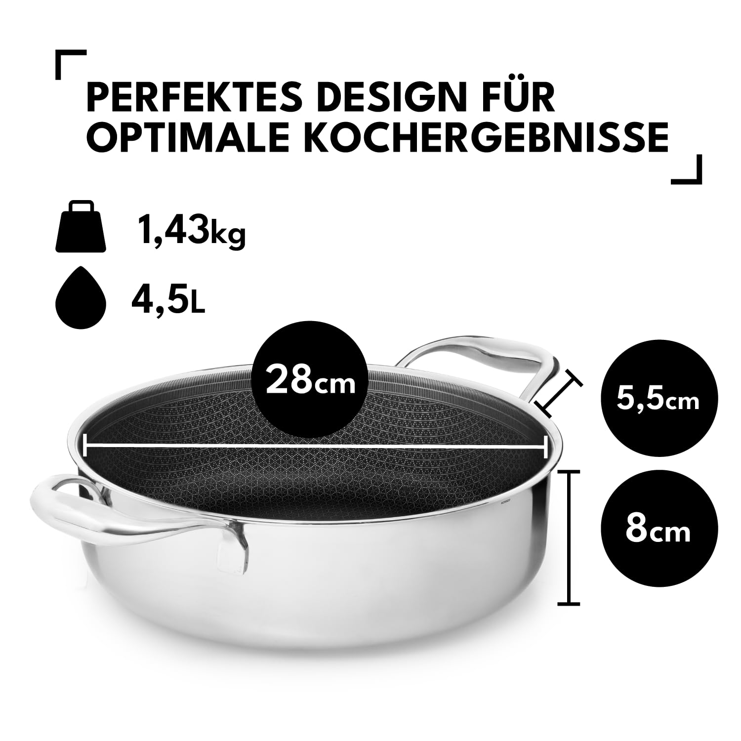 Onyx Cookware Schmorpfanne 28 cm 4,5 l – Bräter Induktion Hoher Rand | Für alle Herdarten; kratzfeste Antihaft-Oberfläche; 3-Schicht Edelstahl/Aluminium; PFAS-frei; spülmaschinengeeignet