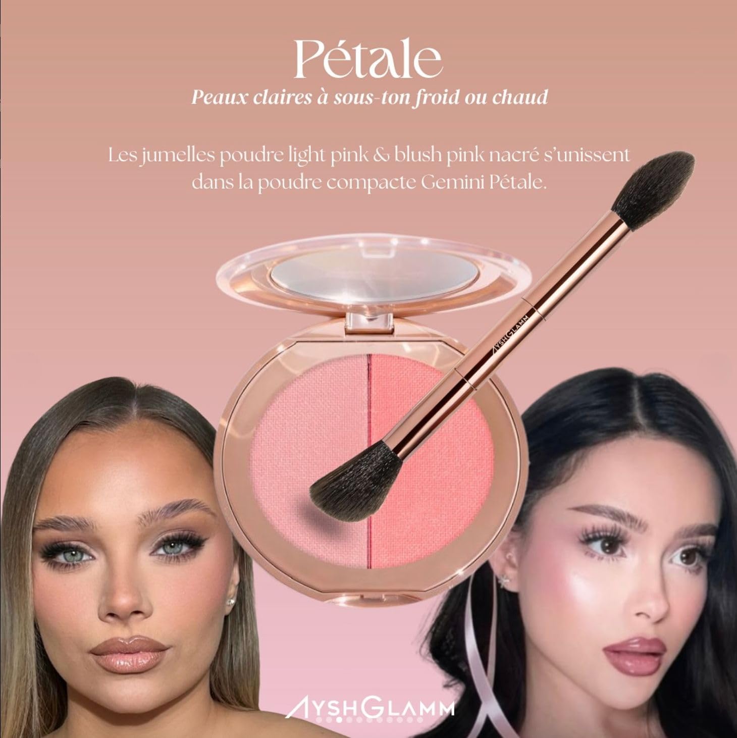 Ayshglamm | Kit Pinceau Gemini Touch & Duo Poudre Pétale | Blush Rosé Nacré & Poudre Fixatrice Light Pink | Éclat Romantique & Teint Frais Naturel