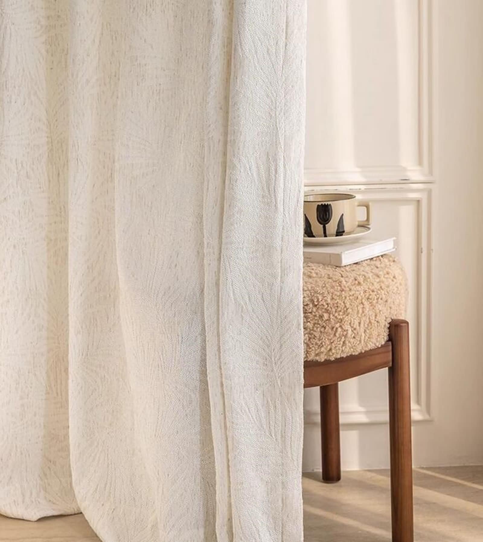 Rideau Cuisine Automne, Rideau Cuisine Long Beige Blanc Couleur Unie à Motif Jacquard Polyester 2 Panneaux 132W x 183L cm