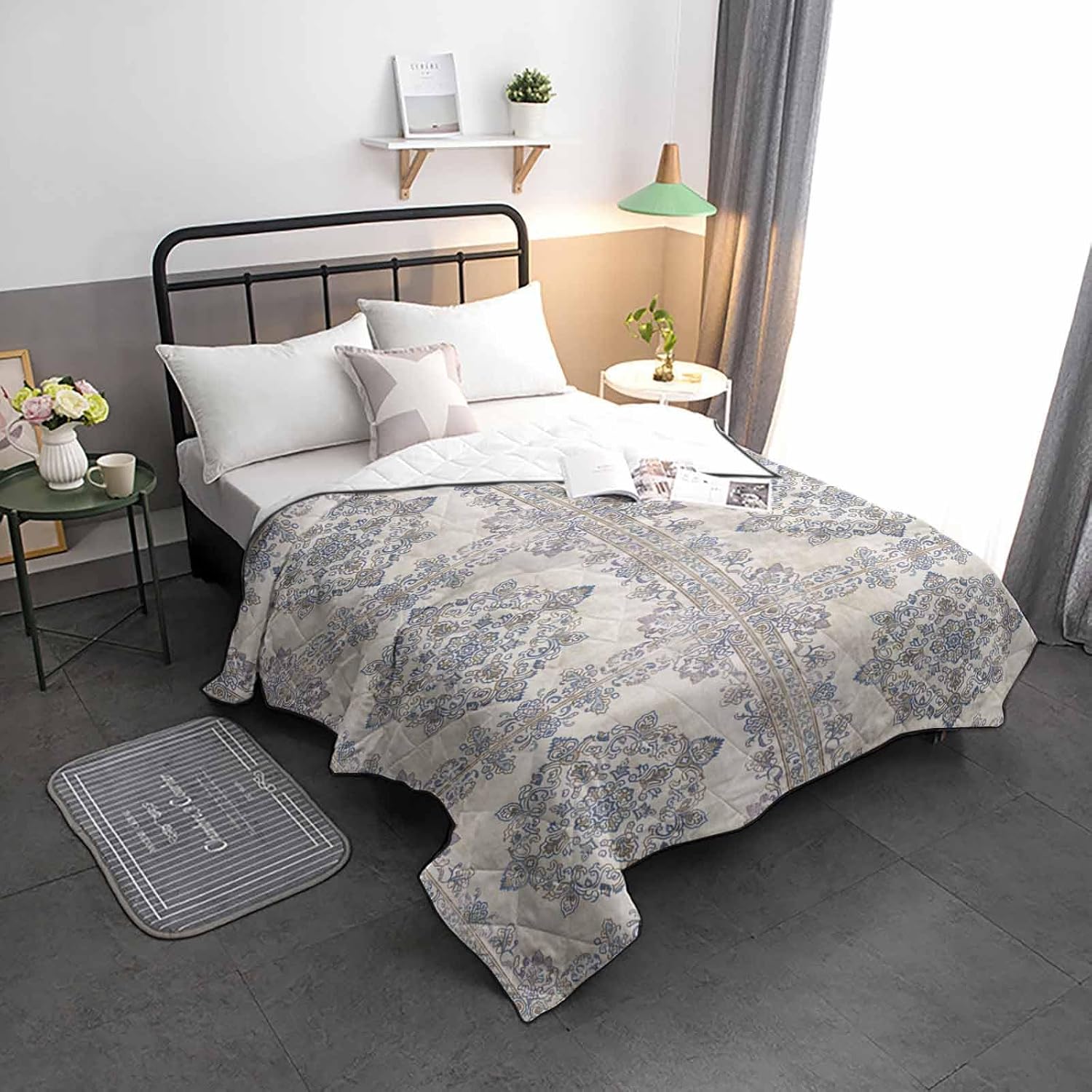 T&H XHome Quilt California King Luxury Quilted Comforter Bedspread-Thin Soft Cozy, Vintage Abstract Ethnic Style Flowers Reversible Stitched Lightweight Quilt Coverlet for All Season