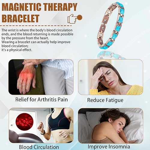 Miniatura 3 de MagVIVACE Pulsera magnética de cobre puro para mujer, 7.68 pulgadas de piedra turca con 15 imanes para túnel carpiano RSI, regalos de joyería para