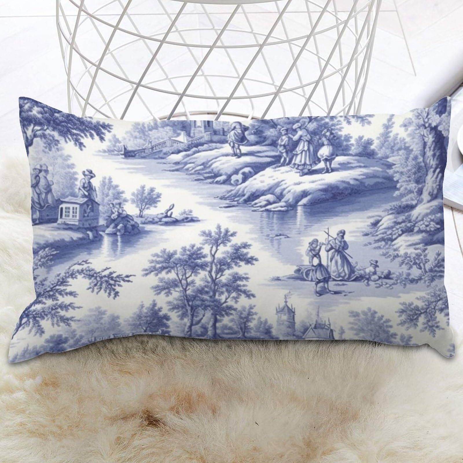 Navy Blue White Decorative Toile Print Lumbar Throw Pillow Cover French Country Cushion Cases Cushion Cover Rustic Farmhouse Decor Pillow For Living Room Home Sofa Couch 12x20 IN