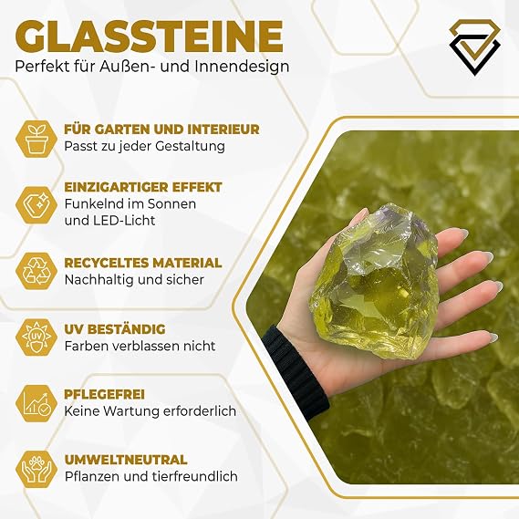 Glass Stones Yellow for Garden and Aquarium 10 kg – Decorative Glass Stones for Gabions Vases & Flower Pots 10-20 cm – High-Quality Glass Chunks 100% Recycled UV-Resistant & Wett