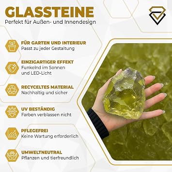 Glass Stones Yellow for Garden and Aquarium 10 kg – Decorative Glass Stones for Gabions Vases & Flower Pots 10-20 cm – High-Quality Glass Chunks 100% Recycled UV-Resistant & Wett