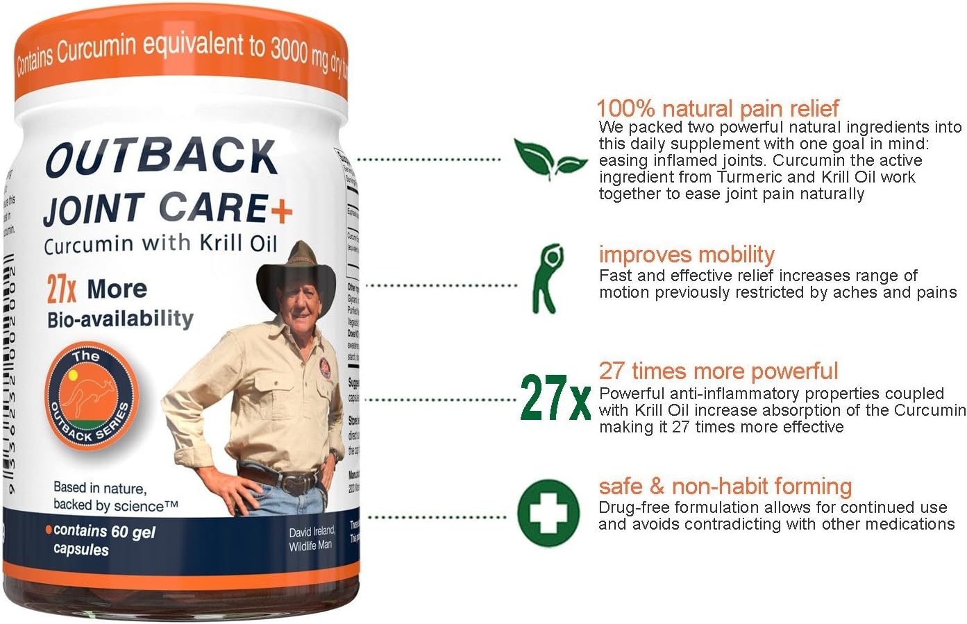 Outback Joint Care+ Supplement | Bioavailable Curcumin with Krill Oil for 27x Better Absorption, Equivalent to 3000mg Dry Turmeric Supplements, No Black Pepper Needed, 60 Gel Capsules