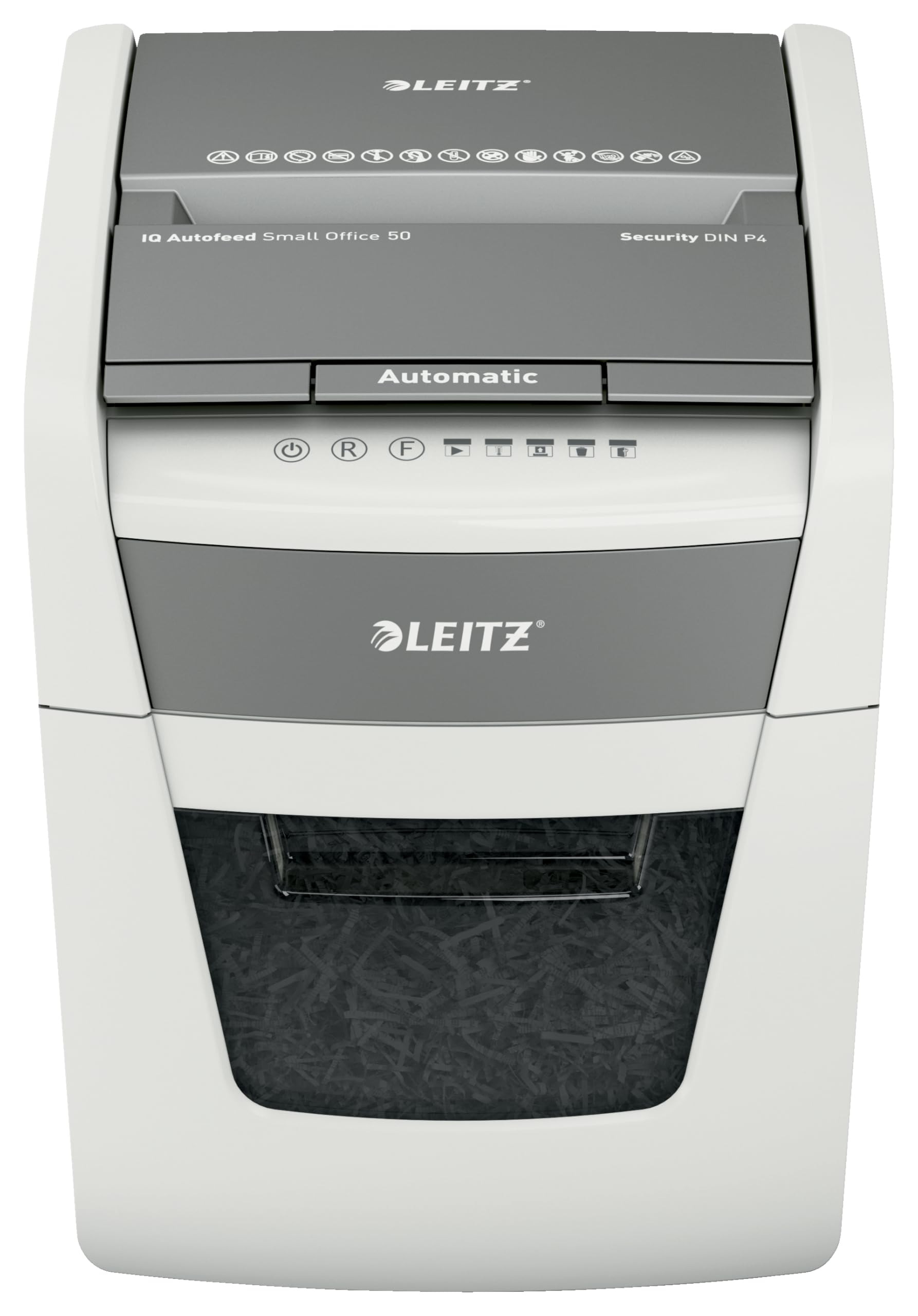Leitz IQ Autofeed Small Office Aktenvernichter, 50 Blatt Papierstapel schreddern, Zeit sparen mit automatischem Einzug, Partikelschnitt P4, 20L Abfallbehälter, Leiser Betrieb für Büro, 80350000