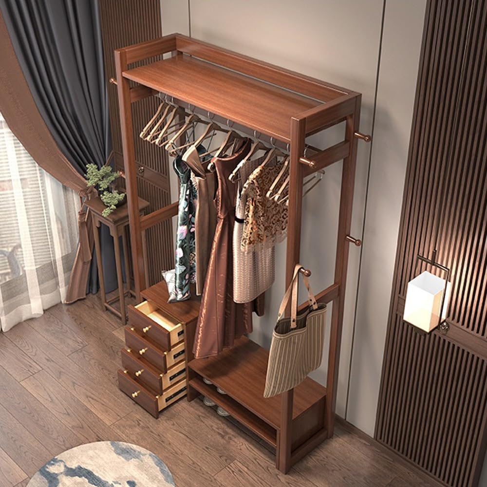 colgador de árbol Perchero de madera maciza for suelo, dormitorio, Zapatero, sala de estar, perchero con cajón, multifuncional, nuevo estilo chino, estante de almacenamiento árbol de pasillo(Wood)