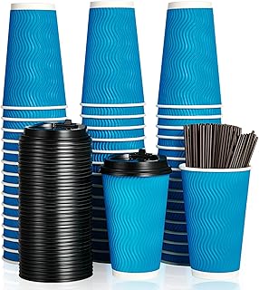 16 OZ Coffee Cups with Lids and Straws, 80 Count Insulated Ripple Wall Paper Hot Coffee Cups, To Go cups with Lids and Sleeves for Hot/Cold Drink