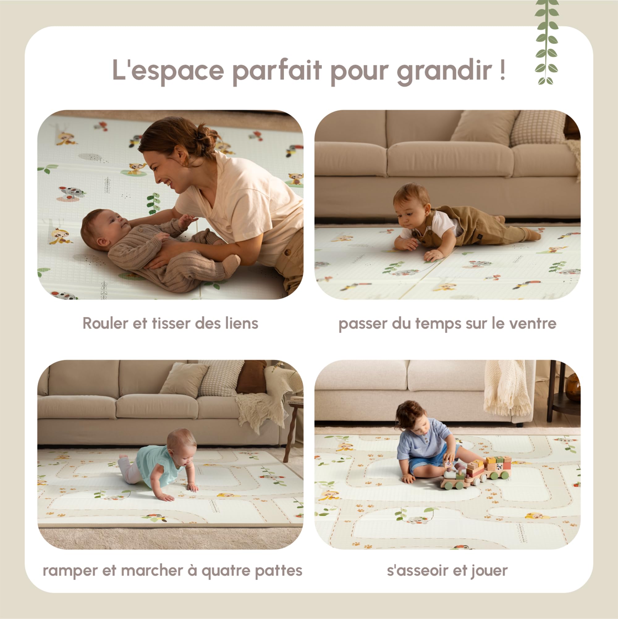 Tiny Love XL Tapis D'éveil Pliable en Mousse, Tapis D'éveil Bébé, 0+ mois, Double-face, Tapis Bébé Pliable & Léger, 150 x 150 cm, Doux & Épais (1 cm), Résistant à L'eau, Facile à Nettoyer, Boho Chic