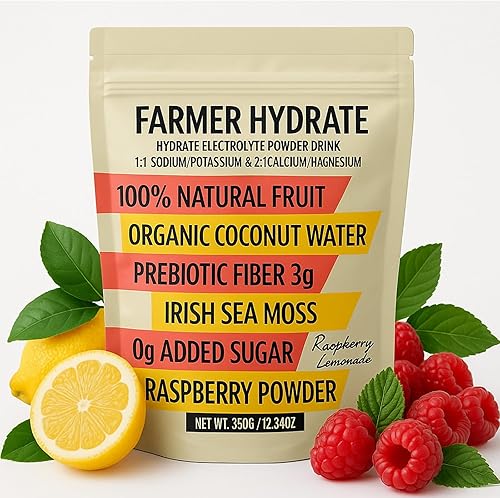 Ballerina Farm Hydrate Electrolyte Powder, con 0.11 onzas de fibra prebiótica, agua de coco y musgo marino irlandés, se mantiene hidratado,