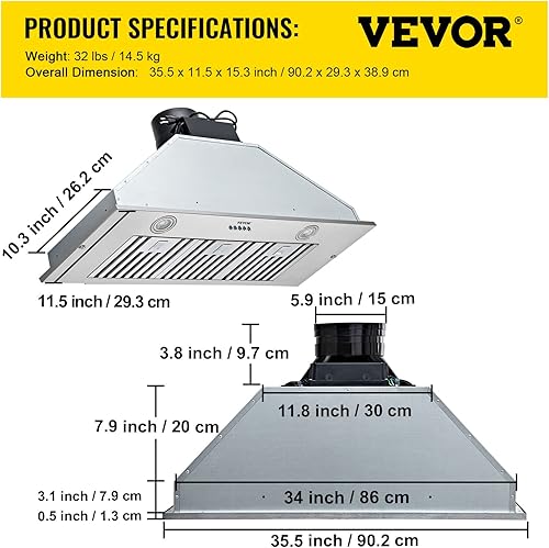 Miniatura 8 de VEVOR Campana extractora de inserción, 800 CFM de 3 velocidades, ventilación de cocina integrada de acero inoxidable de 36 pulgadas con control de