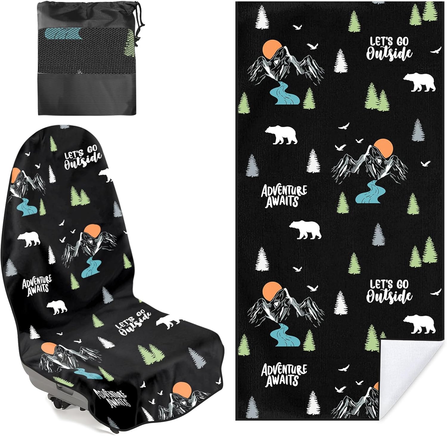 2 Pack Car Seat Towel Covers with Storage Bag, Multifunctional Camping Towel for Gym Outdoor Sport, Picnic, Beach, Pet Dog Travel,Non-Slip Washable Car Seat Protector (Adventure)