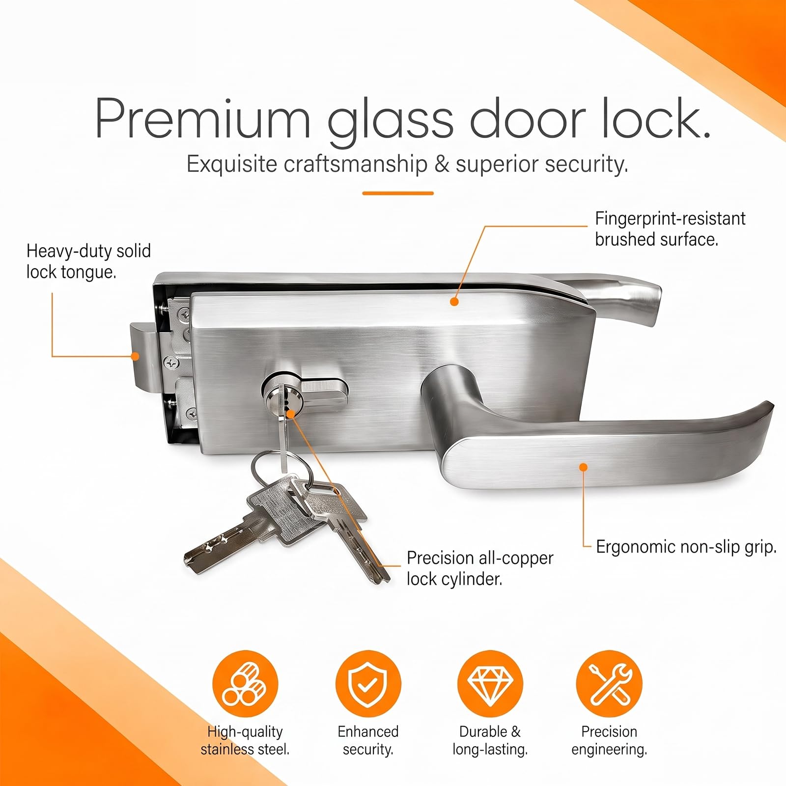 Serratura per porta in vetro in acciaio inox opaco con 3 chiavi, maniglia scorrevole, serratura per porta interna per ufficio, bagno, camera da letto, balcone, per vetro spesso 8-12 mm e 5-8 mm